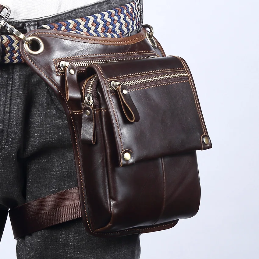 Mens Leather Messenger Shoulder Bag Motorcycle Riding Waist Leg Pack