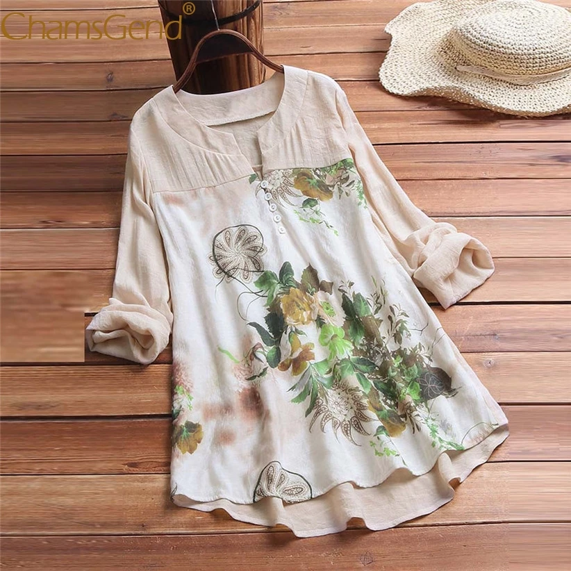 

Pastoral Style Women Floral Leaf Printing V Neck Long Sleeve Blouse Shirts Mother's Day Gift for Beloved Mom 3XL/4XL/5XL 90417