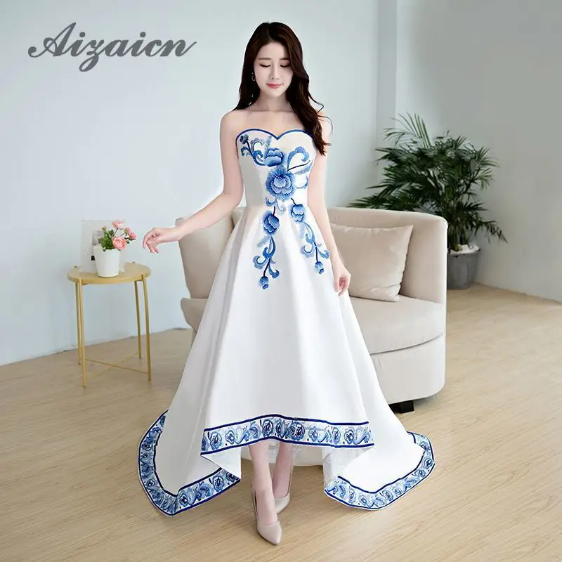 Элегантное синее фарфоровое китайское сексуальное традиционное Восточное вечернее платье для женщин для свадебной вечеринки с открытой спиной Cheongsam - Цвет: 2
