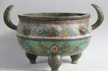 

Collectible bronze S2101 12" Marked Chinese Cloisonne Bronze 3 Foot handle flower Incense Burner Censer