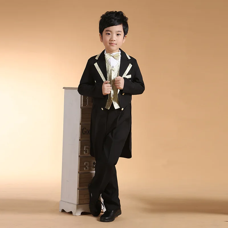 5 шт./компл. черный смокинг для мальчиков; костюмы с платьем для мальчиков, праздничная одежда на свадьбу для мальчиков, костюмы с длинным, костюм с блейзером набор большой Детский костюм - Цвет: black  golden line