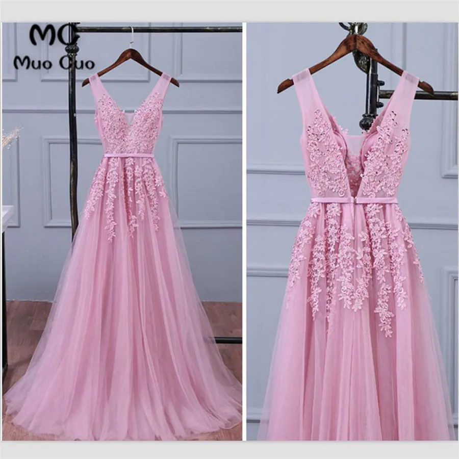 2018 Blush Pink Prom Dresses Long with Beaded Appliques Floor Length Tulle Double V Neck Formal