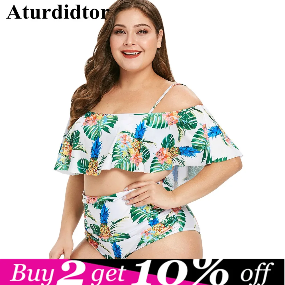 

Large Size Swimwear Sexy Big Bodysuit Female Two Piece Swimsuit Plus Size Tankini Bikini Set Pineapple Print High Waist Bathing