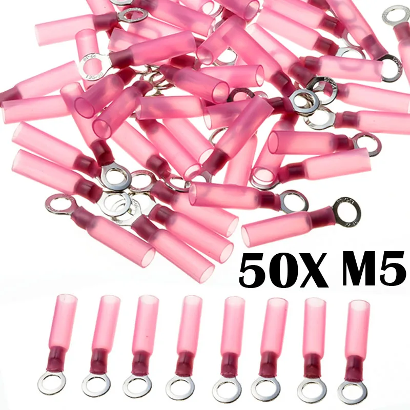 

50pcs Copper + PE Red Ring M5 Crimp Terminal Insulated Heat Shrink Terminators For Electrical Wire Cable Connectors 22-18 AWG