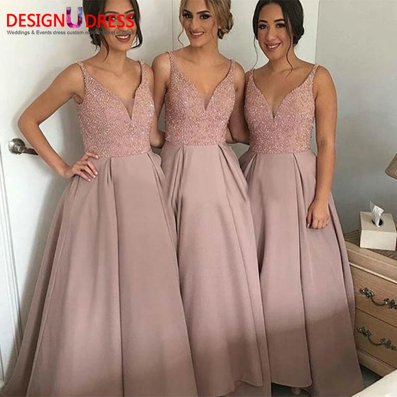Simple Dusty Pink V-neck Long Bridesmaid Dresses, Maid of Honer Dress UQB0013