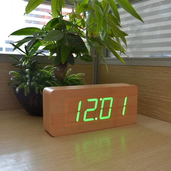 FiBiSonic новые цифровые будильники современный календарь термометр деревянные большие цифры светодиодный настольные часы - Цвет: bamboo green