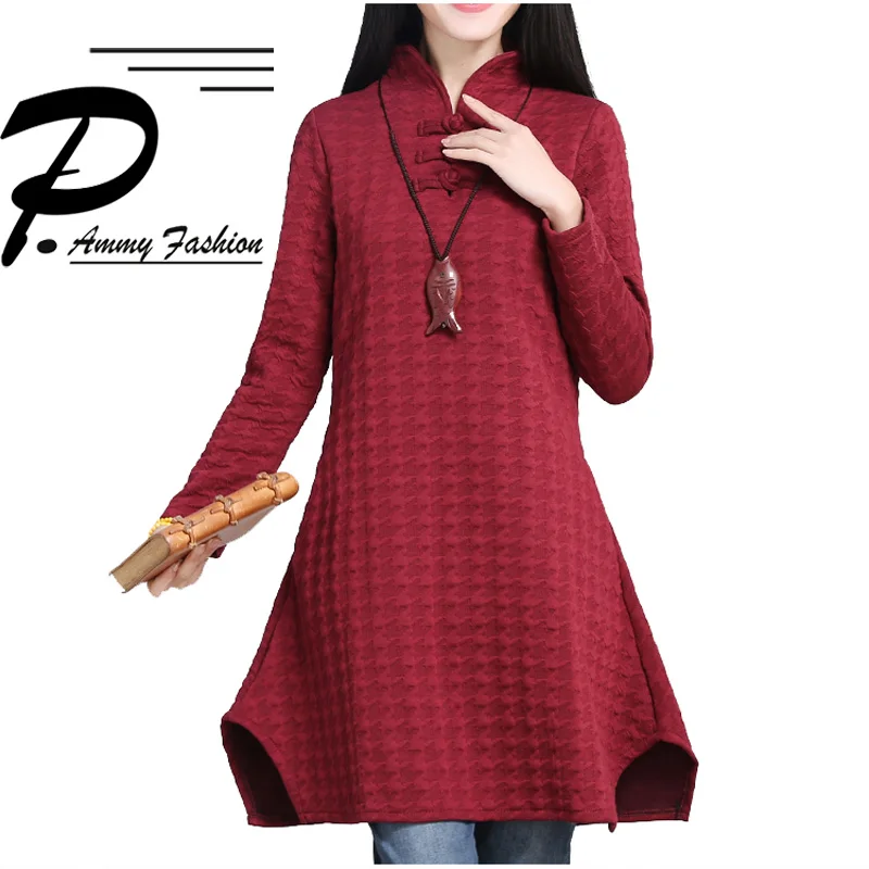 

Women's Retro Mandarin Collar Oversized Padded Cotton Long Sleeves Solid color Jumper Dress Ladies Autumn Winter Loose Tunic