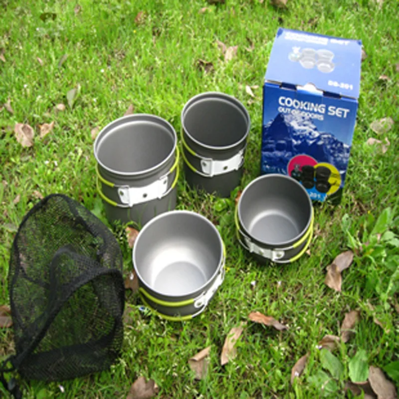 4 unids/set senderismo Camping al aire libre mochila cocina Picnic no-Stick de utensilios de cocina de aluminio de olla tazón