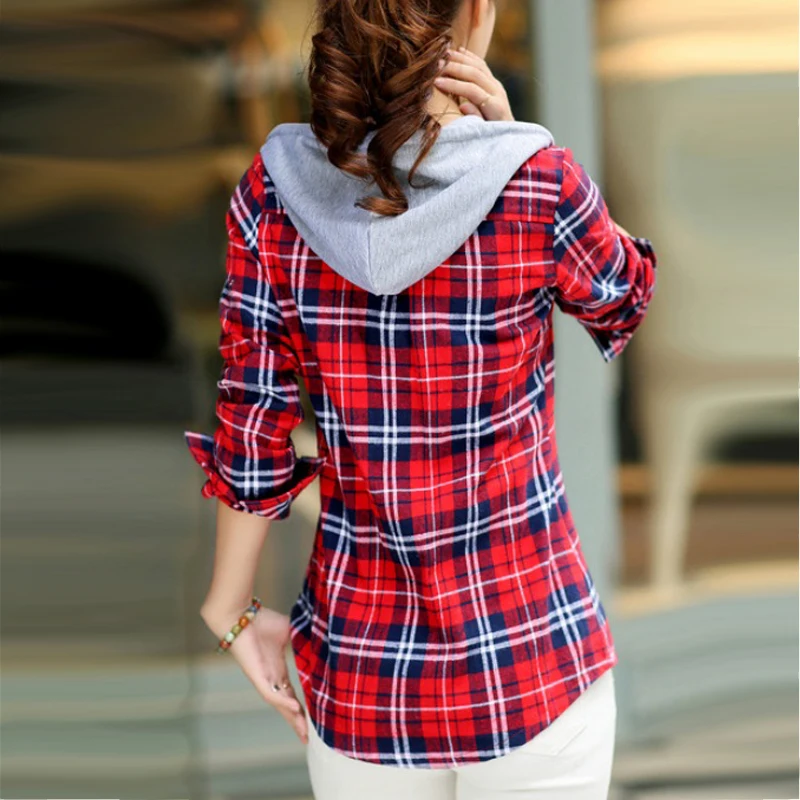 Achat 2017 Automne Femme Rayé Flanelle Chemises À Manches Longues Avec Capuche Marque Coton Blouses Printemps Mode Hauts Casual Femme Vêtements