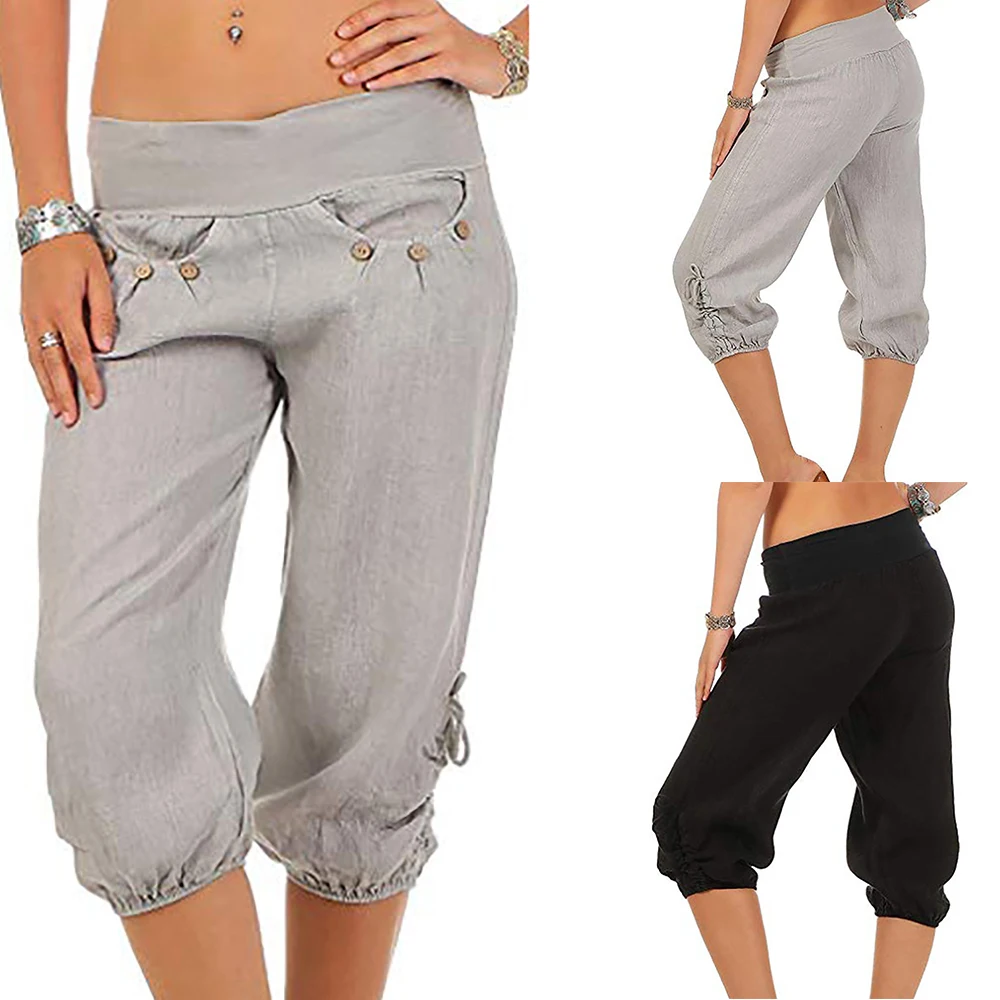 Laamei женские летние однотонные Короткие штаны-шаровары, свободные брюки до колена, женские мягкие Капри с эластичной резинкой на талии, брюки размера плюс 3XL