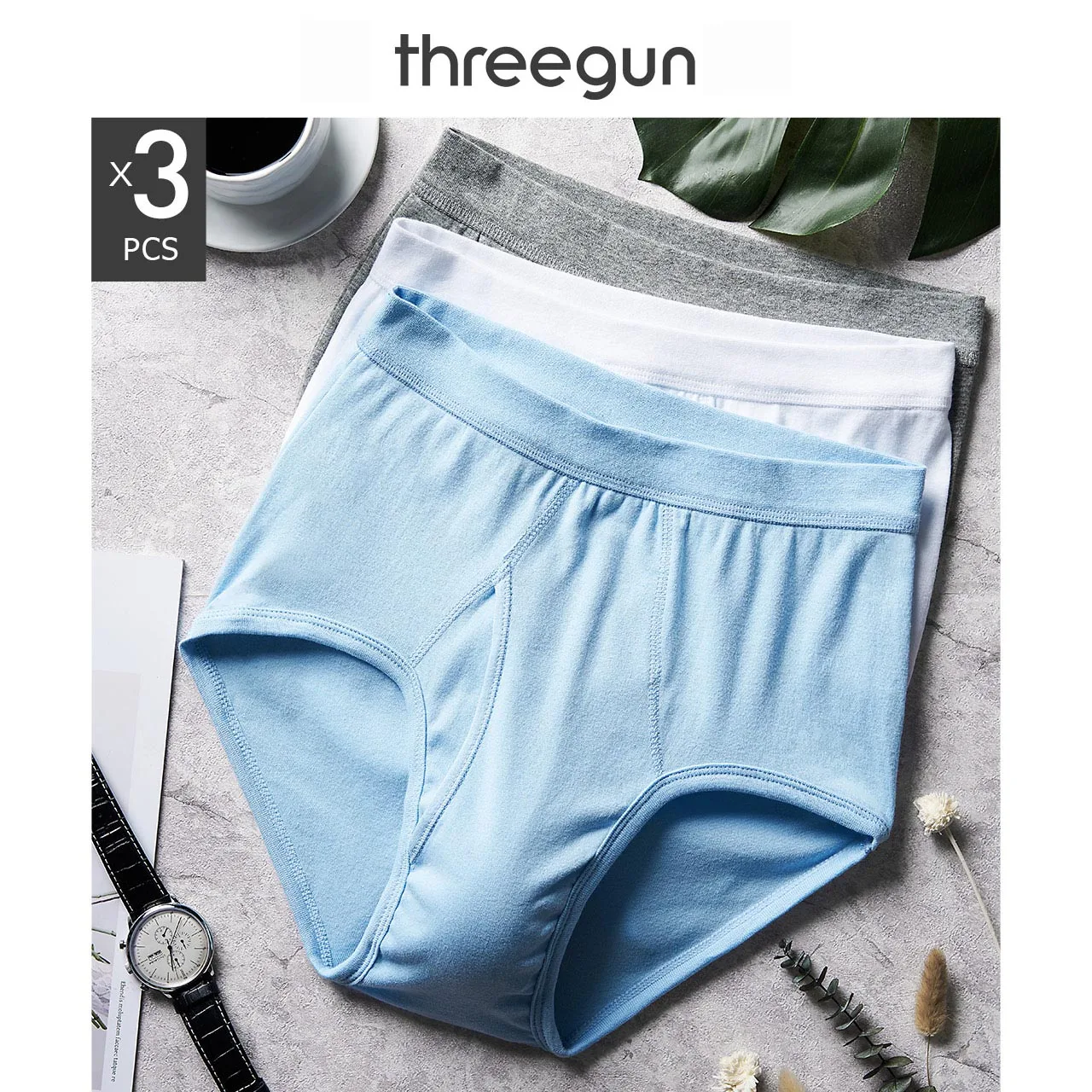 THREEGUN 3 шт./лот фирменное Мужское нижнее белье удобные Однотонные трусы для мужчин