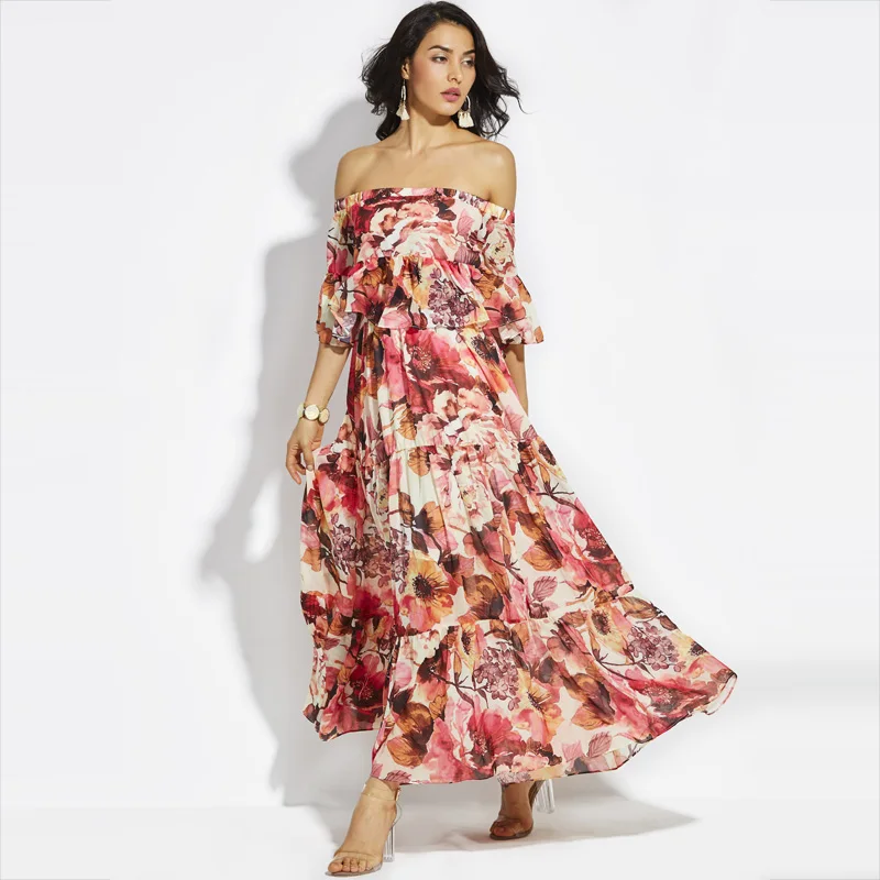 Vintacy Maxi Chiffon Dress Red Floral Sexy Off Shoulder Ruffles Summer Dress Women Flare Sleeve Pleated Plus Size Long Dress Vintacy Maxi Chiffon Dress Red Floral Sexy Off Shoulder Ruffles Summer Dress Women Flare Sleeve Pleated Plus Size Long Dress