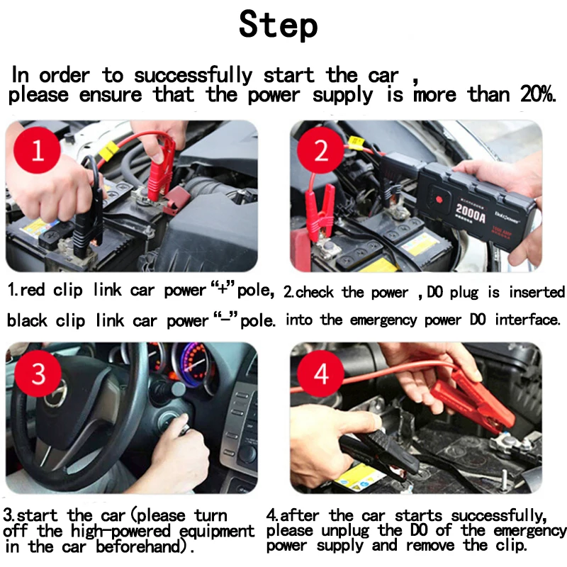 2000A Peak Car Jump Starter Pack Portable LED Flashlight Power Bank USB Auto Battery Supply Phone Power Clamps For 12V Car Boat 2000A Peak Car Jump Starter Pack Portable LED Flashlight Power Bank USB Auto Battery Supply Phone Power Clamps For 12V Car Boat