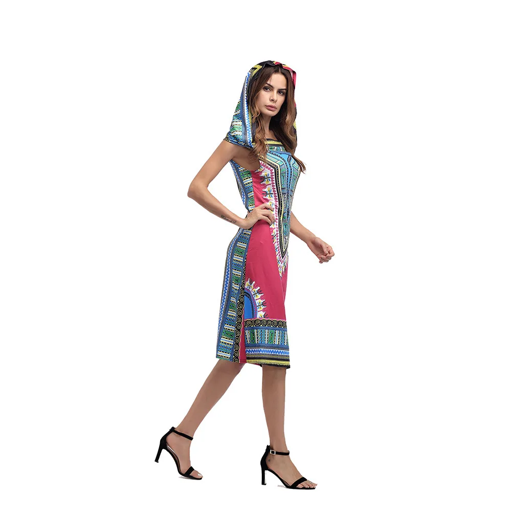2018 Women Dress Suits Printed Geometric Hooded sleeveless summer printing hooded skirt female fashion national style Dress