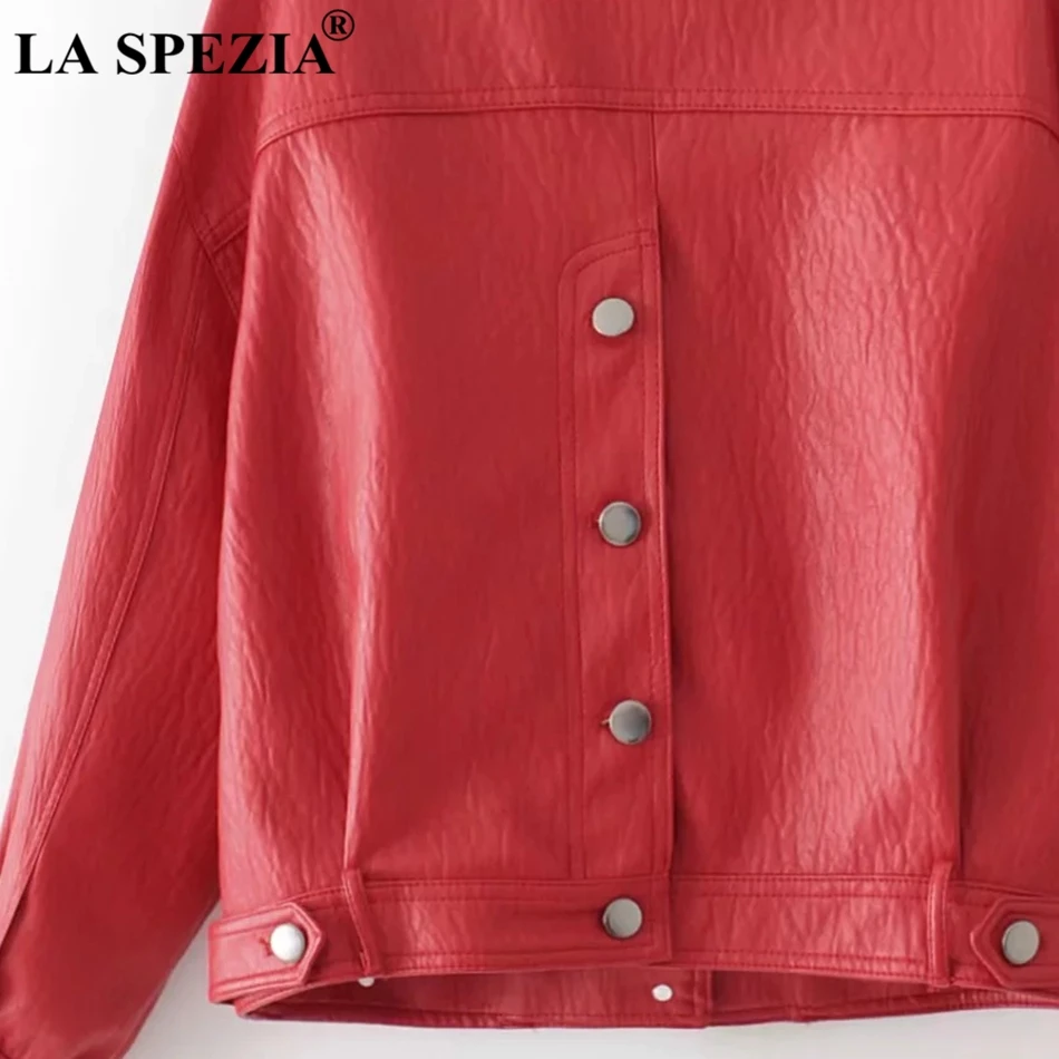 LA SPEZIA Red Coat Women Faux Leather Short Jacket Female Button Loose Pockets Biker Motorcycle Rock Autumn Winter Clothes Beige