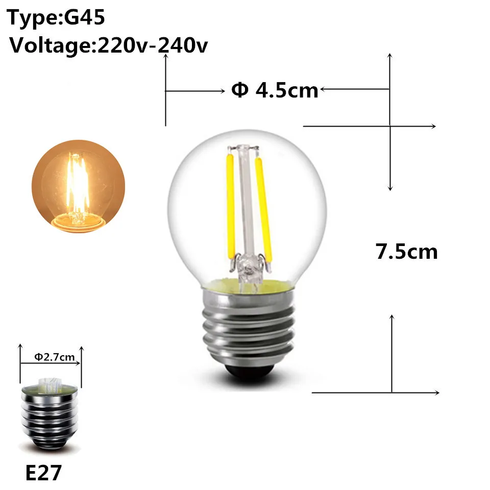 2 Вт 4 Вт 6 Вт 8 Вт COB Светодиодный прожектор E27 E14 220 в 230 В A60 G45 C35 Глобус матовый fliament светодиодный шар лампа светильник лампа - Испускаемый цвет: Clear G45 E27