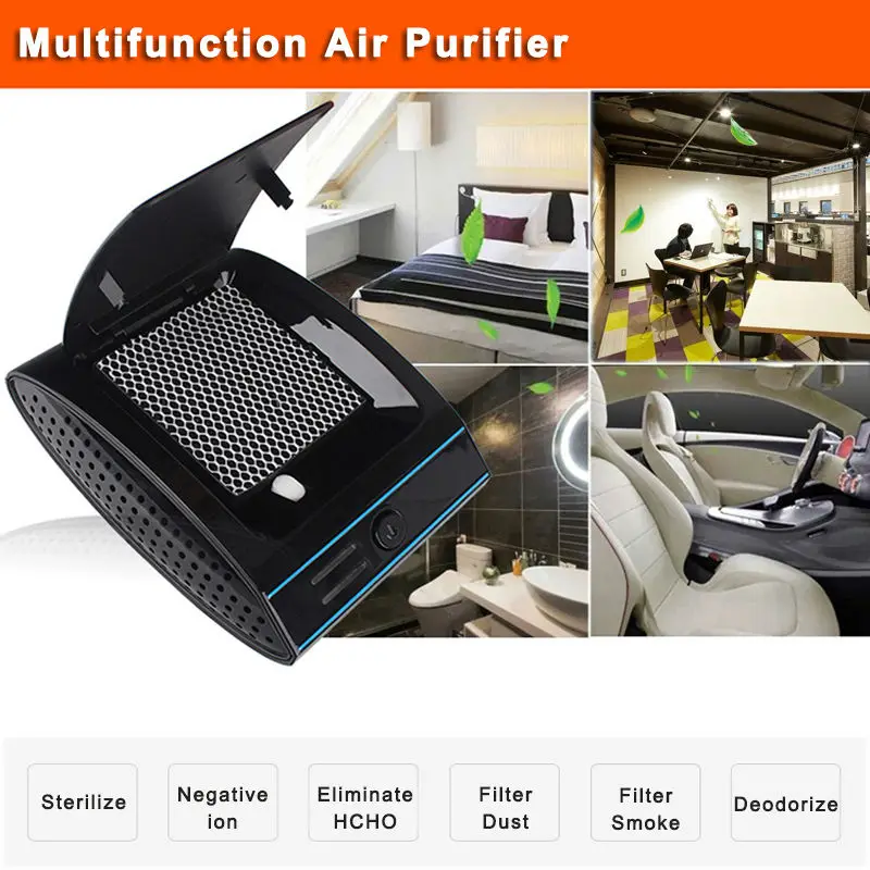 Portable air purifier ionizer clear air car ionic UVC car air freshener machine HEPA filter dust fresh air producer intelligent car air freshener car ionic air purifier removes cigarette smoke bacteria odor smell black glossy finish