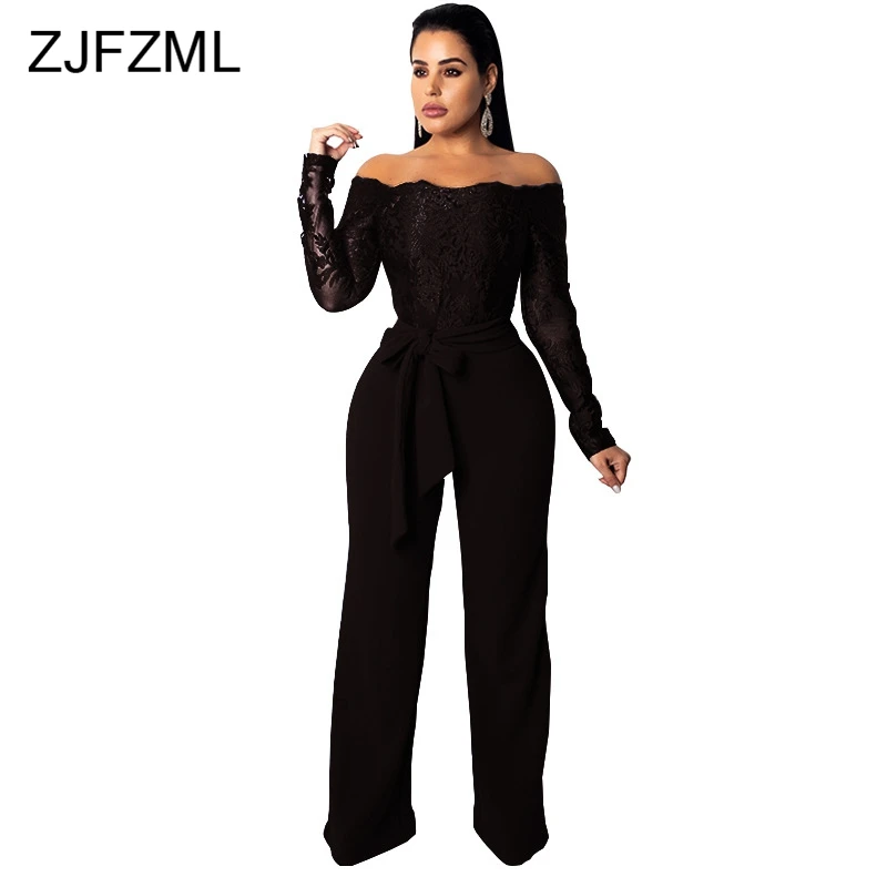ZJFZML Long Sleeve Off Shoulder Lace Patchwork Sexy Jumpsuits with Belt Autumn Bodycon Romper Women Club Causal Long Overalls 