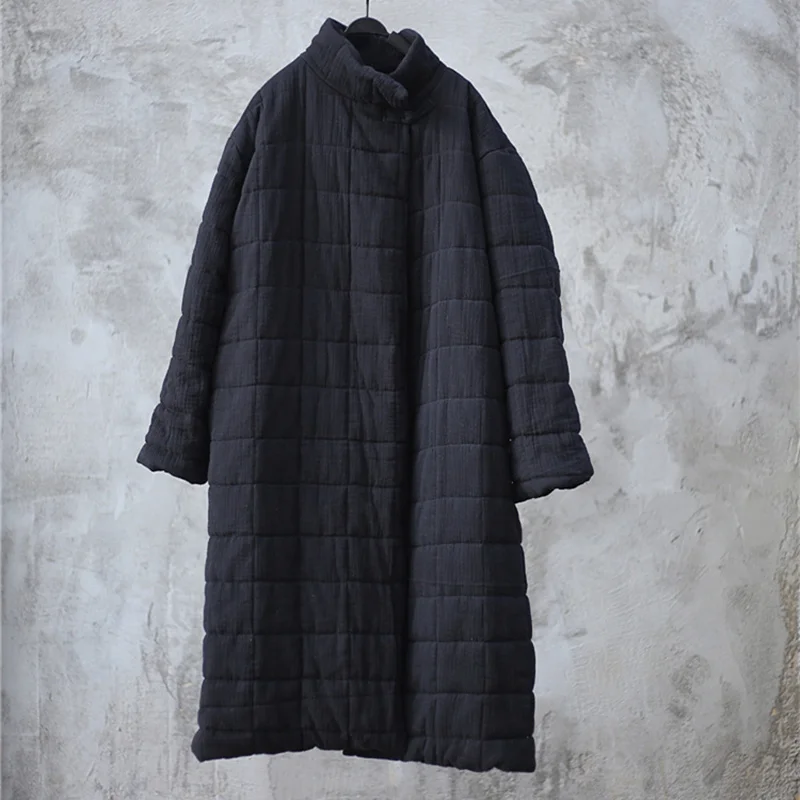 Johnature 2018 Autumn Winter Solid Color Women Parkas Coats New Loose Stand Collar Vintage Cotton Linen Long Section Coats