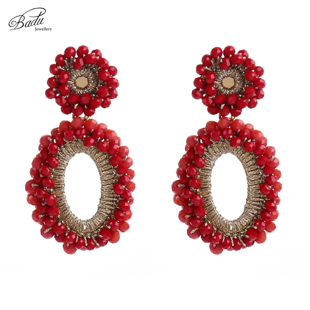 

Badu Red Crystal Beaded Crochet Earring Vintage Bohemian Jewelry for Autumn Winter Dangle Earrings 100% Handmade Wholesale