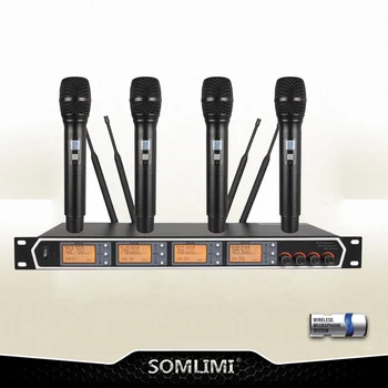شراءجديد جودة عالية المهنية 4 قناة يده ميكروفون لاسلكي المهنية Lavalier كليب سماعة رأس مع ميكروفون