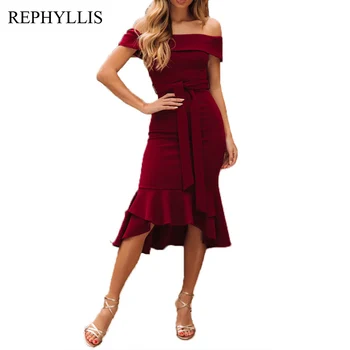 

REPHYLLIS Ladies Cocktail Party Wedding Vestidos Trumpet Dress Off Shoulder Short Sleeve Ruffle Backless Belted Vintage Dress