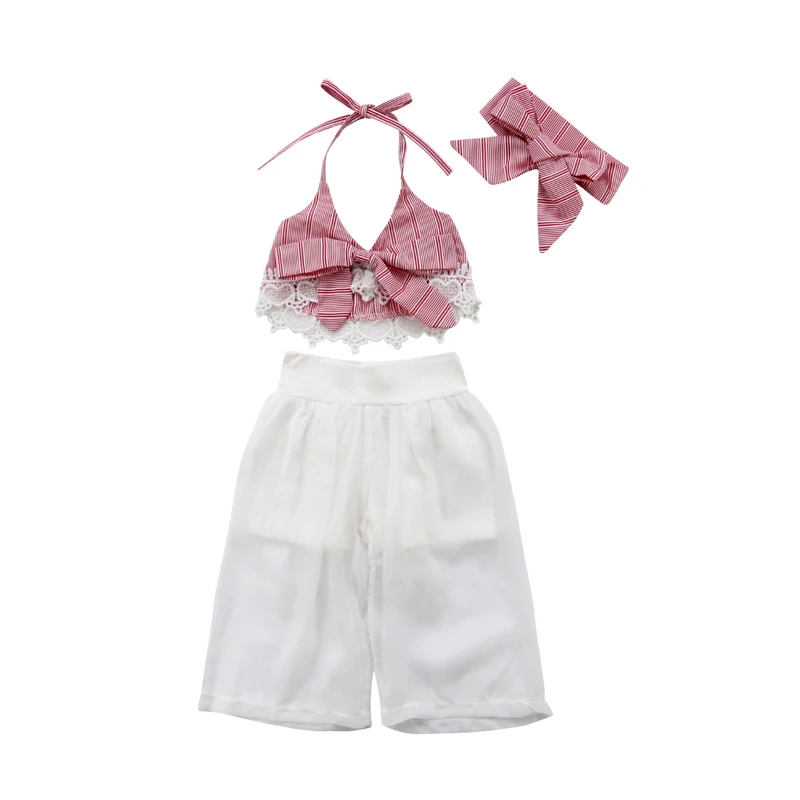 

2018 Baby Girl Summer Halter Crop Striped Tops+Pants Headbands Bow-knot 3PCS Outfits Kids Fashion Clothing Set new