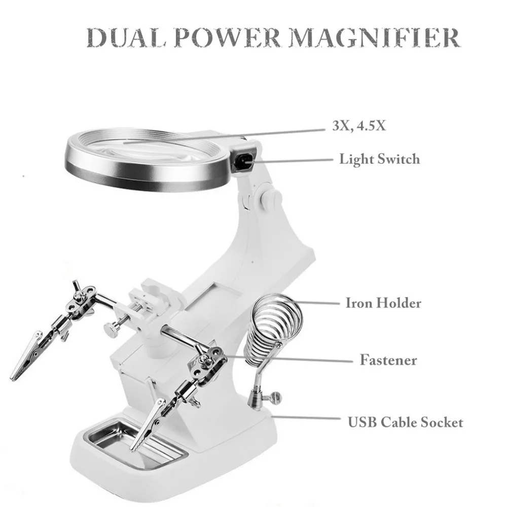 Светодиодный светильник лупа для рук станция 3X 4.5X USB подсветка руки увеличительное стекло стенд с зажимом и Аллигатор зажимы Лупа