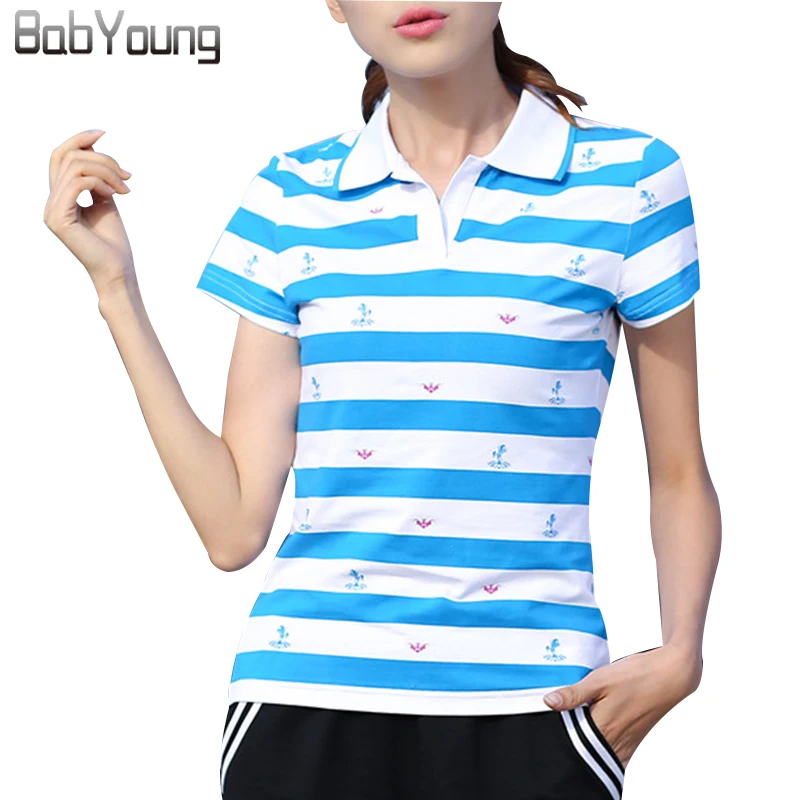 BabYoung Marcas de Verão 2017 Mulheres Camisas Pólo de Algodão Casuais Tarja de manga Curta Encabeça Fino Respirável Aptidão Camiseta femme Top