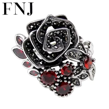 

FNJ Rose Flower Ring 925 Silver MARCASITE Red Zircon Stone Original S925 Sterling Silver Rings for Women Jewelry Adjustable Size