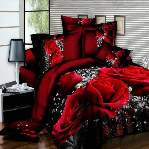 عالية الجودة الفاخرة نوم السرير هدية الزفاف الديكور 3d الأحمر روز الفراش مجموعات غطاء لحاف--وضع الملك كامل dekbed overtrek