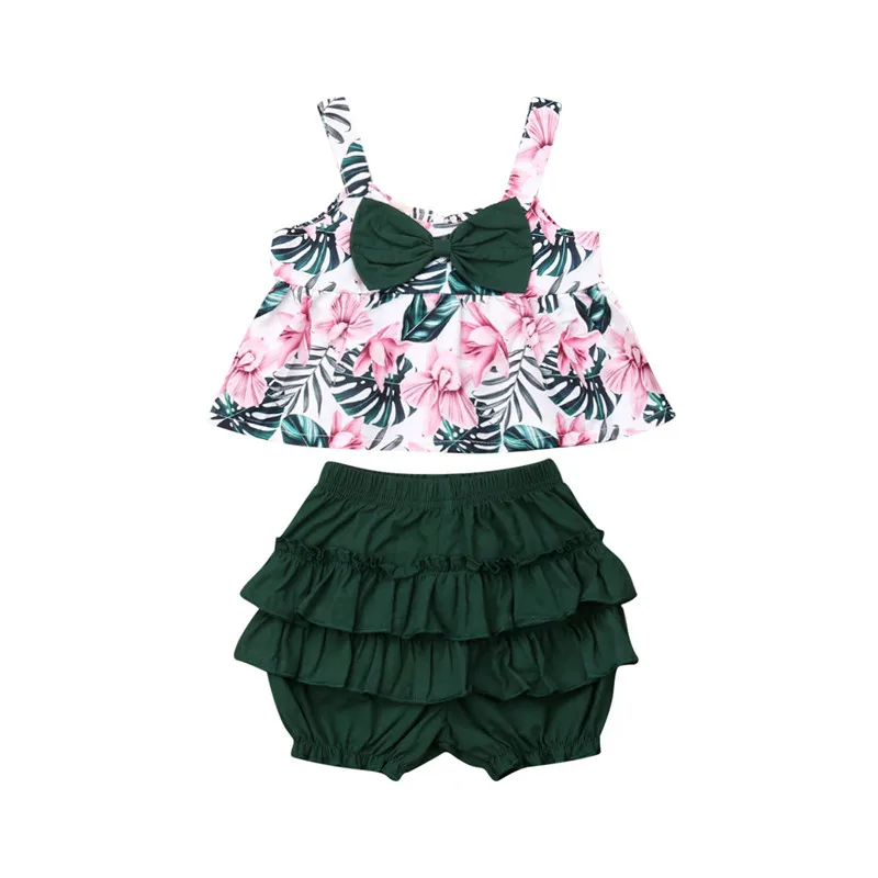 

2019 New Boho Summer Kids Baby Girl Clothes Sets 2Pcs Bow Floral Slip Vest Tanks Lace Shorts Cotton Baby Girl Outfits 0-4Y