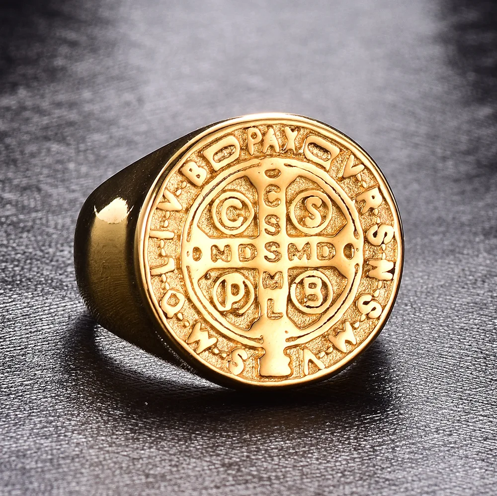 HNSP винтажное круглое кольцо с крестом и надписью золотого цвета для мужчин, ювелирные изделия, мужские кольца Anel
