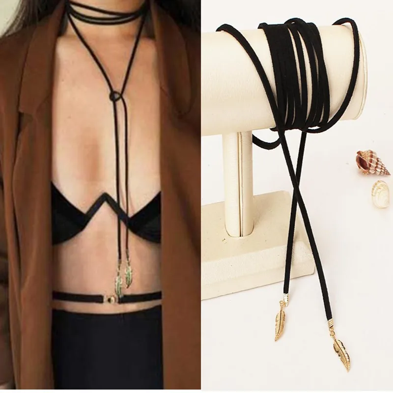 

Fashion Leather Chain Jewelry Necklace Elegant Long Rope Collier Femme Tube False Choker Collar Necklace for Women Gift x198