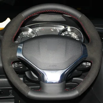 

Puou Black Genuine Leather Black Suede DIY Hand-stitched Car Steering Wheel Cover for Peugeot 3008 Free shipping