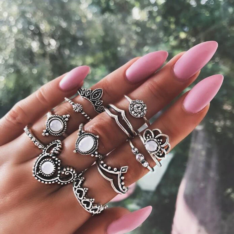 

OLOEY Punk 12pcs/set Rings Fashion Boho Women Finger Ring Casual Retro Party Female Hollow Alloy Rings Jewelry Accessories