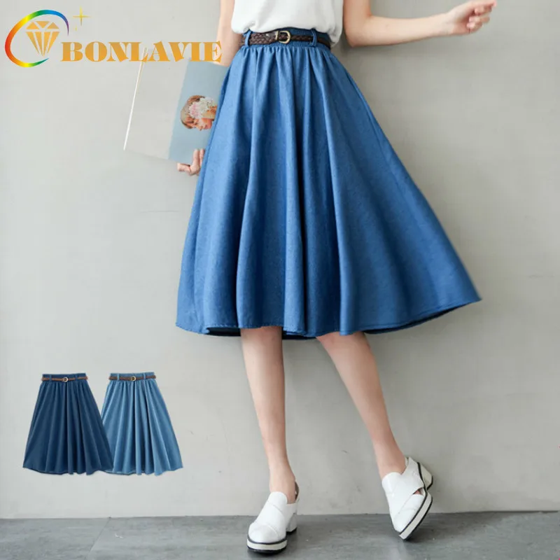 Women Skirt Knee Length School Style High Waist Skirt Solid Color Literature Art Women's Solid Blue Denim Skirts with Waist Belt Women Skirt Knee Length School Style High Waist Skirt Solid Color Literature Art Women's Solid Blue Denim Skirts with Waist Belt