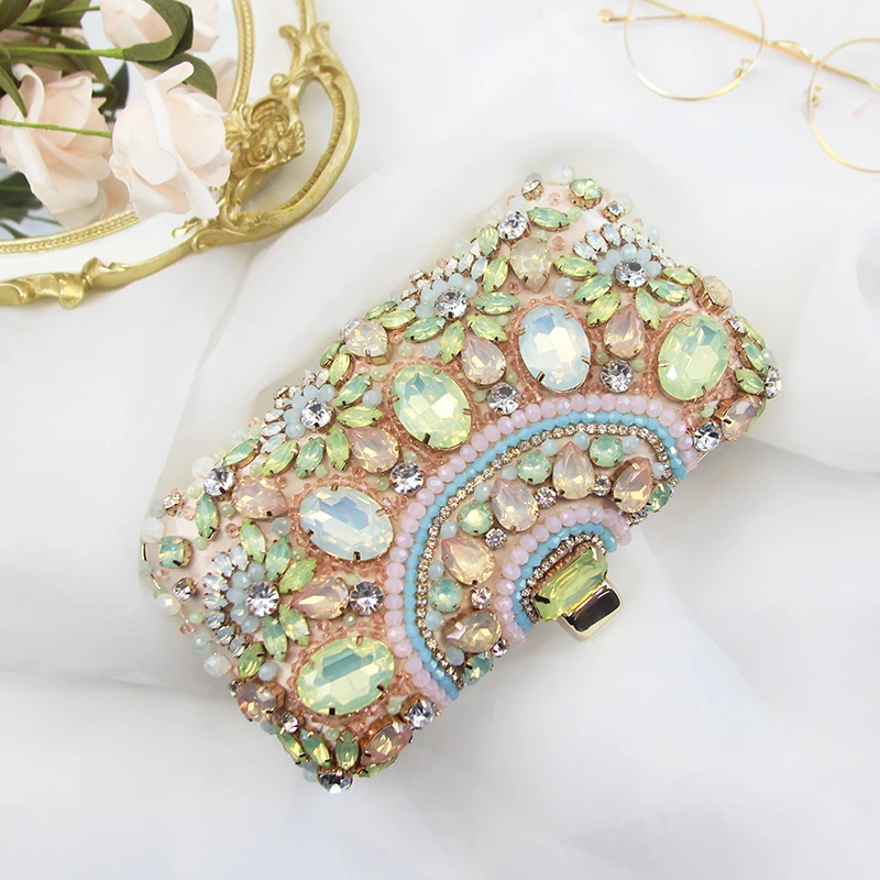 

Party Clutches Ladies 2018 New Bag Female Slant Fashion Handbag Dress Diamond Jade Green Gemstone Embroidered Bead Evening Bags