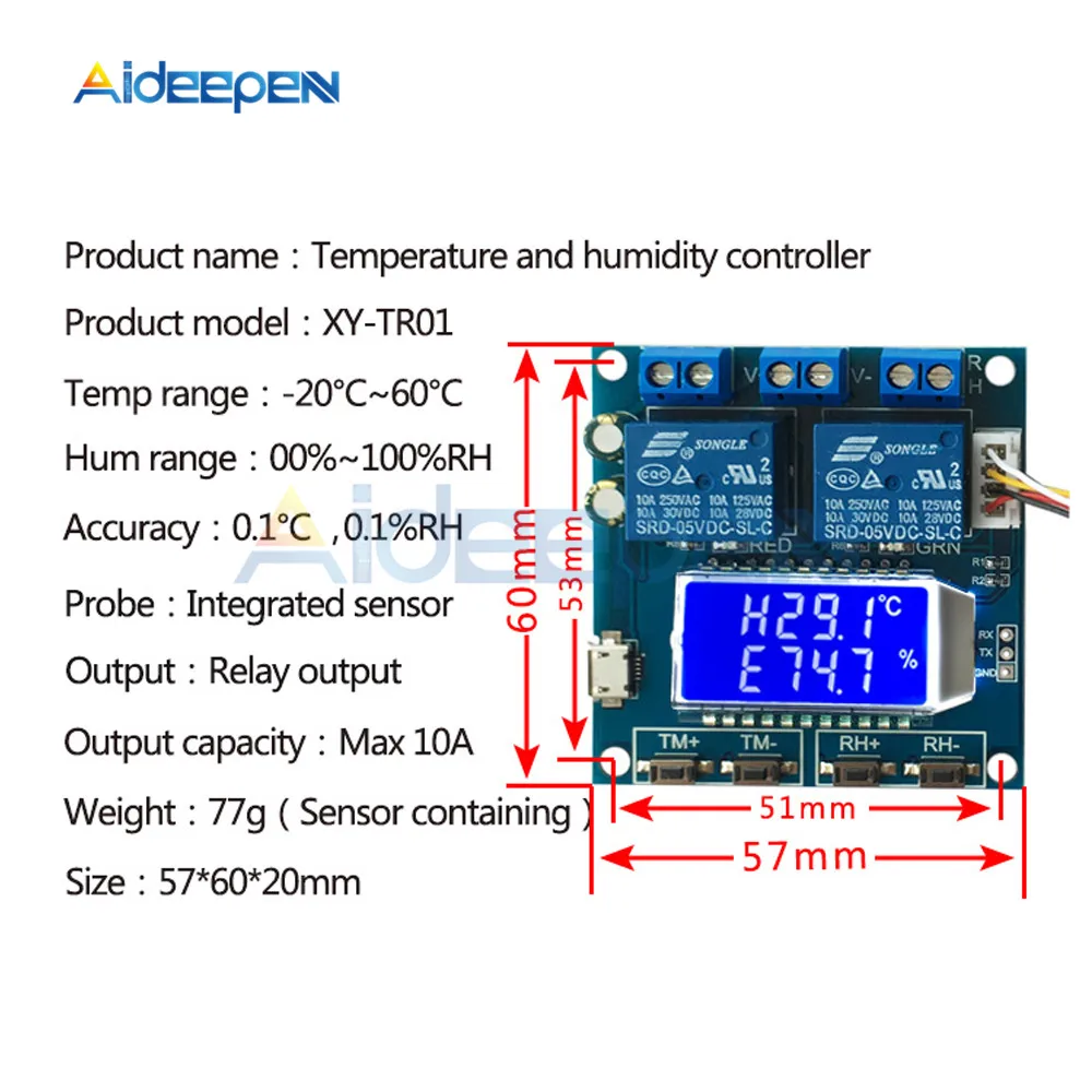 Цифровой термостат постоянного тока 12 В 24 В, XY-TR01, контроллер температуры и влажности, модуль, термометр, гигрометр, регулятор, двойной светодиодный дисплей