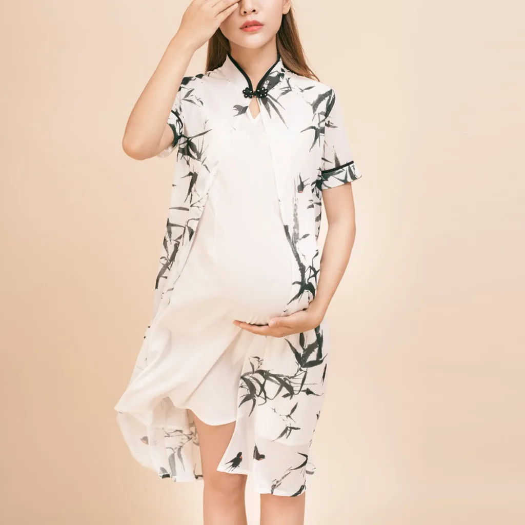 

MUQGEW Women Pregnants Photography Maternity Short Sleeve Print Leaf Chinese Dress Vintage Floral Pregnancy Dress Hamile Elbise