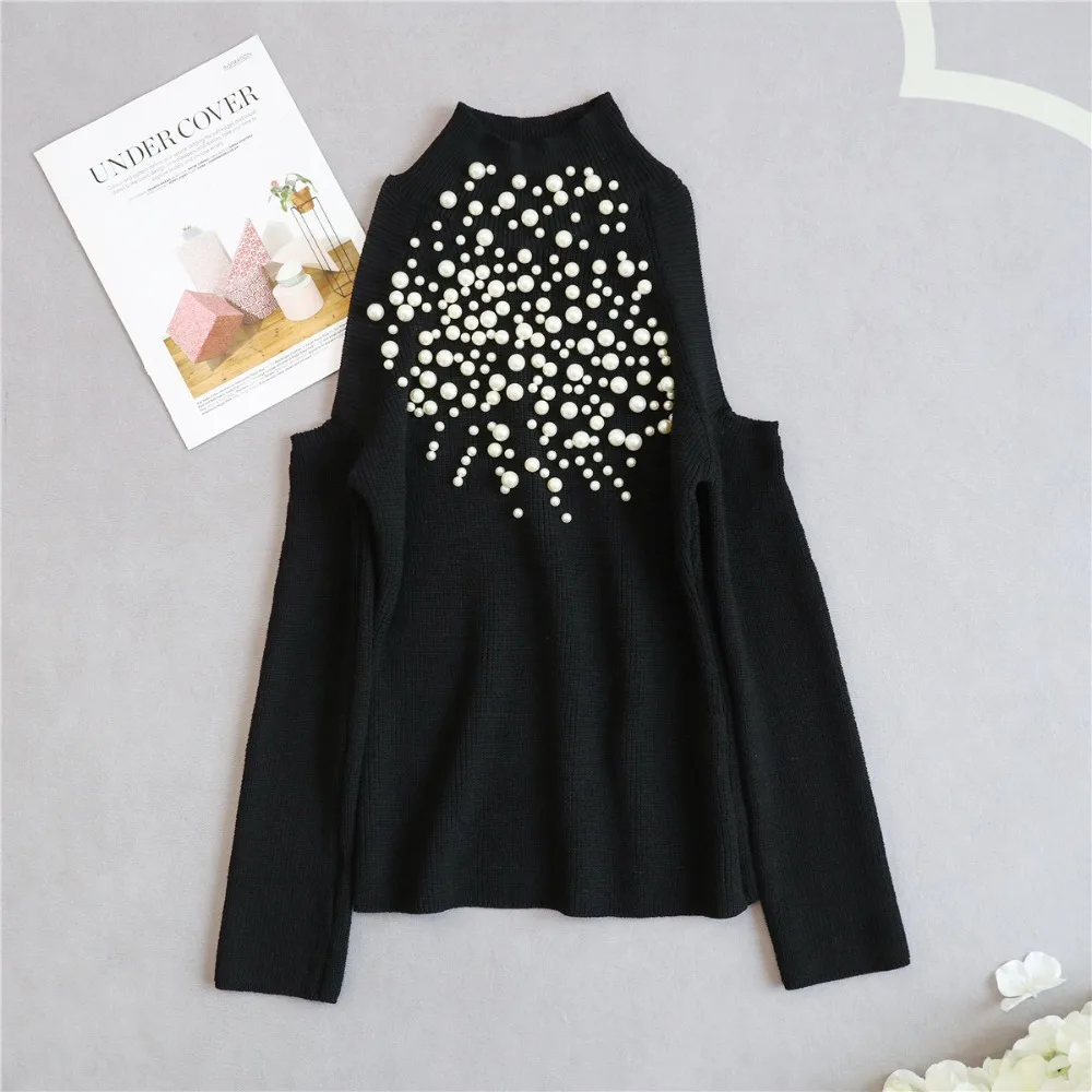Chic Pearl Beading Sweater Women Off Shoulder Sexy Slim Knitting Jumpers Female Long Sleeves Elegant Spring Clothes 2019 Tops 