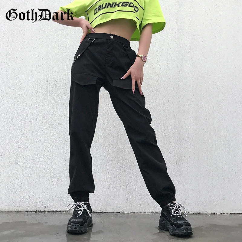 Goth Dark Solid Black Punk Gothic Female Pants Streetwear Patchwork Chain Pockets Autumn 2019 Trousers For Women Fahion Casual Goth Dark Solid Black Punk Gothic Female Pants Streetwear Patchwork Chain Pockets Autumn 2019 Trousers For Women Fahion Casual