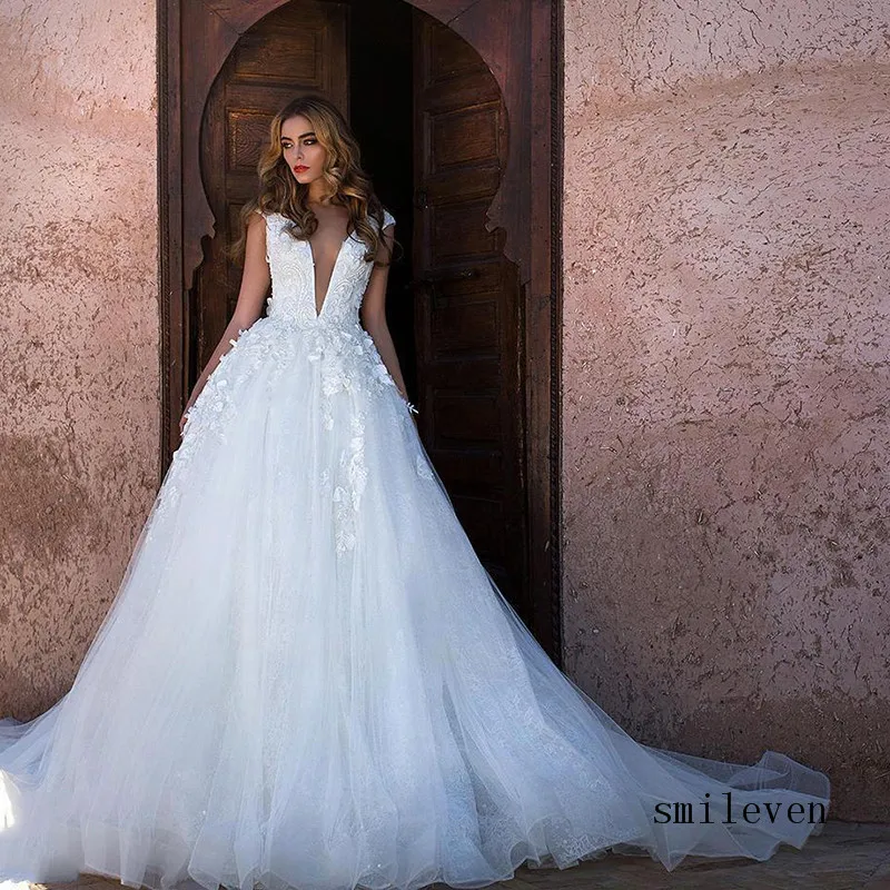 

Smileven A Line Wedding Dress Cap Sleeves Lorie Boho Lace Bride Dresses 3D Flowers Sexy Backless Floor Length Wedding Gowns