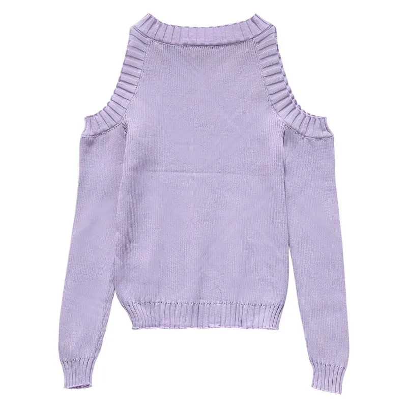 Весенний Модный женский свитер с длинным рукавом и вырезами, пуловер с открытыми плечами, вязаный тонкий джемпер с круглым вырезом, Новинка - Цвет: Purple