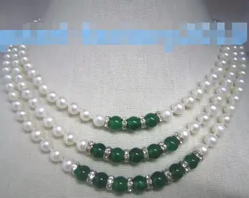 

Triple strands AAAA 8-9mm green jade+South Sea white Pearl Necklace 14k Gold