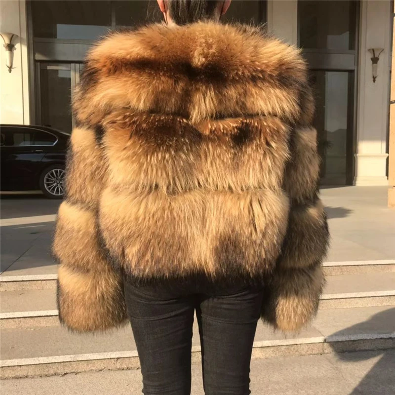 Куртка из натурального меха енота модное женское зимнее пальто длинный рукав