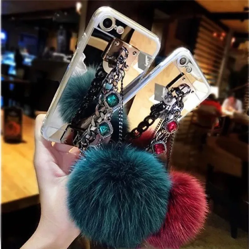 

For Huawei P20 Plus P10 selfie P smart Mate 10 lite Pro Rhinestone Mirror chain bracelet fox Fur Ball Pompom Soft Phone Case