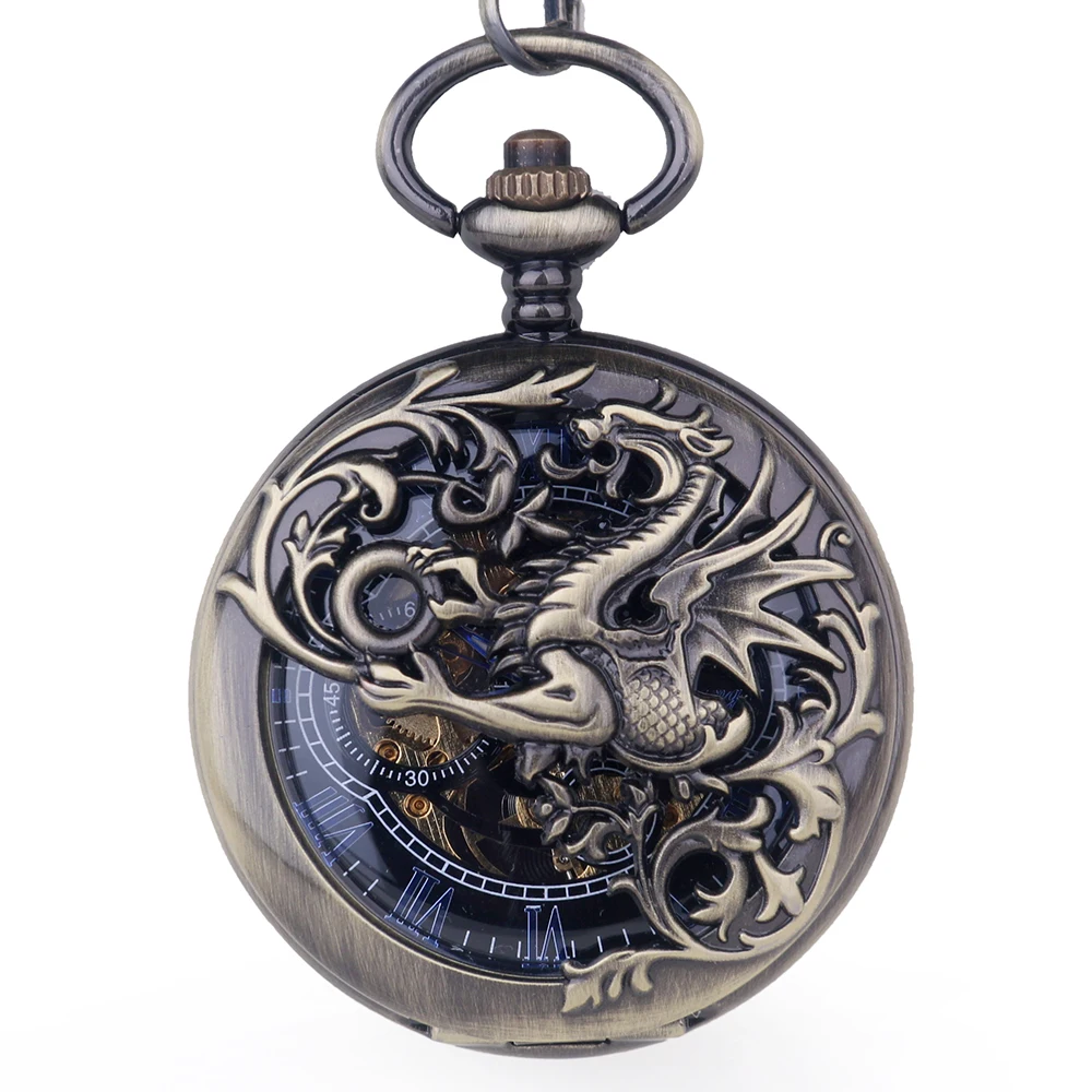 Винтажные Механические карманные часы ретро Дракон полый Скелет римские цифры черный/бронзовый Брелок часы с цепочкой для мужчин и женщин