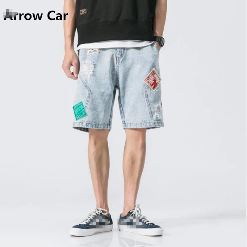 Джинсовые шорты Для мужчин лето прилив бренд Street Европейский Стиль пляжные хип-хоп шорты патч маркировки отверстия Свободные Для мужчин s шорты