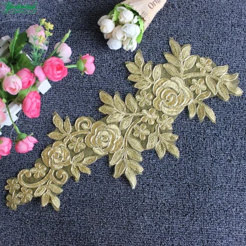 

New Arrived Bridal Lace Motif Flower Trims 3 Pcs/Lot Appliqued Sequins Gold Wedding Dress Sashes Diy Accessories 38cm*14cm
